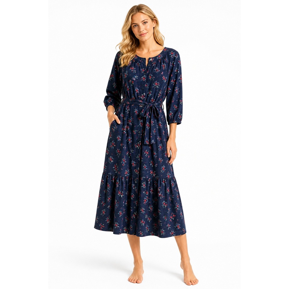 The Vermont Country Store Navy Blue Corduroy Midi Dress Womens 2X Floral Tiered